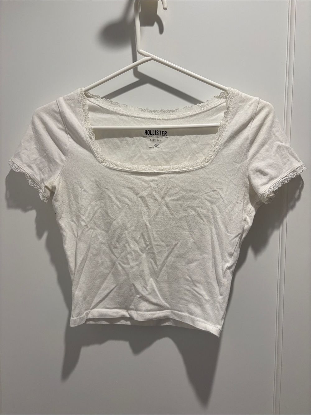 Hollister White Lace-Trim Square Neck Crop Tee
